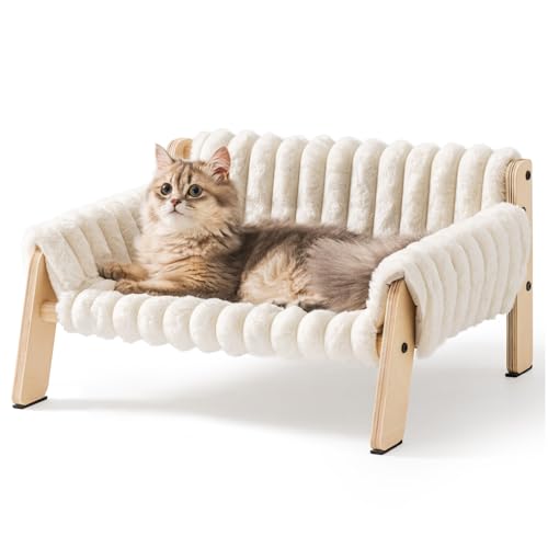 MEWOOFUN Katzensofabett für große Katzen und Kätzchen, stabiles Katzenbett aus Holz, kleines Hundebett (Beige, M) von MEWOOFUN