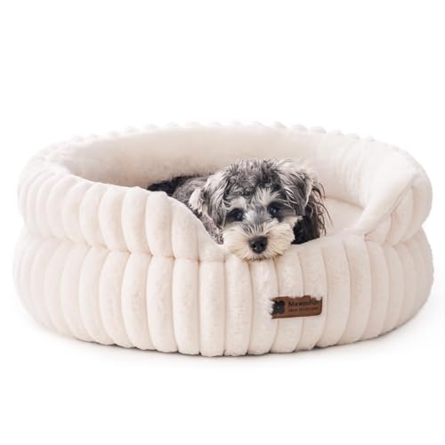 MEWOOFUN Stilvolle Katzenbetten für Katzen, weiches rundes Hundebett für kleine und mittelgroße Hunde, waschbares, beruhigendes Haustierbett (Beige, M) von MEWOOFUN