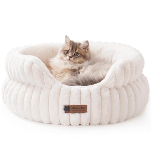 MEWOOFUN Stilvolle Katzenbetten für Katzen, weiches rundes Hundebett für kleine und mittelgroße Hunde, waschbares, beruhigendes Haustierbett (Beige, S) von MEWOOFUN
