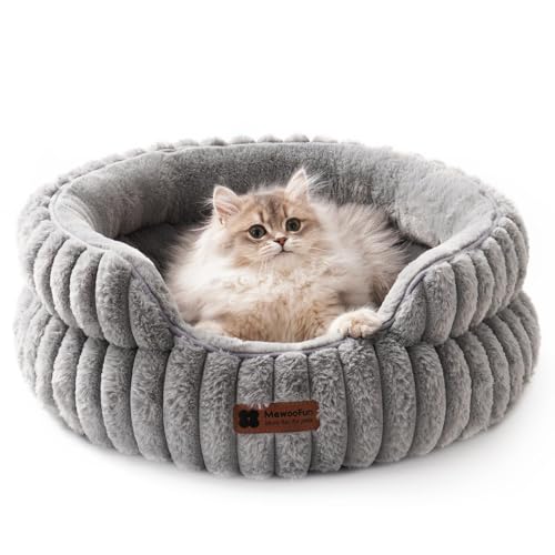 MEWOOFUN Stilvolle Katzenbetten für Katzen, weiches rundes Hundebett für kleine und mittelgroße Hunde, waschbares, beruhigendes Haustierbett (Grau, S) von MEWOOFUN