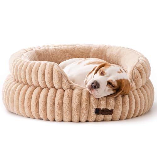 MEWOOFUN Stilvolle Katzenbetten für Katzen, weiches rundes Hundebett für kleine und mittelgroße Hunde, waschbares, beruhigendes Haustierbett (Kamel, L) von MEWOOFUN