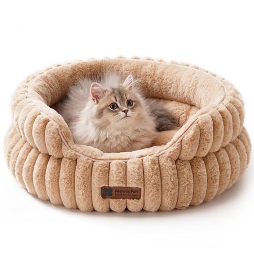MEWOOFUN Stilvolle Katzenbetten für Katzen, weiches rundes Hundebett für kleine und mittelgroße Hunde, waschbares, beruhigendes Haustierbett (Kamel, S) von MEWOOFUN