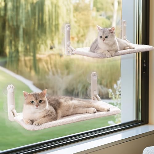 MEWOOFUN Weiche Katzen fensterhängematte – 54x30cm faltbares Katzen fensterbett mit wendbarer Matte, stabile Katzenhängematte hält bis zu 18kg (2pack-beige, M) von MEWOOFUN