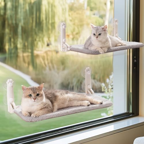 MEWOOFUN Weiche Katzen fensterhängematte – 54x30cm faltbares Katzen fensterbett mit wendbarer Matte, stabile Katzenhängematte hält bis zu 18kg (2pack-grau, M) von MEWOOFUN