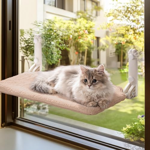 MEWOOFUN Weiche Katzen fensterhängematte – 54x30cm faltbares Katzen fensterbett mit wendbarer Matte, stabile Katzenhängematte hält bis zu 18kg (braun, M) von MEWOOFUN