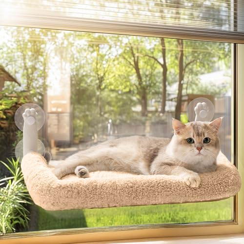 MEWOOFUN Weiche Katzen fensterhängematte – 54x30cm faltbares Katzen fensterbett mit wendbarer Matte, stabile Katzenhängematte hält bis zu 18kg (braun - mit Bett, M) von MEWOOFUN