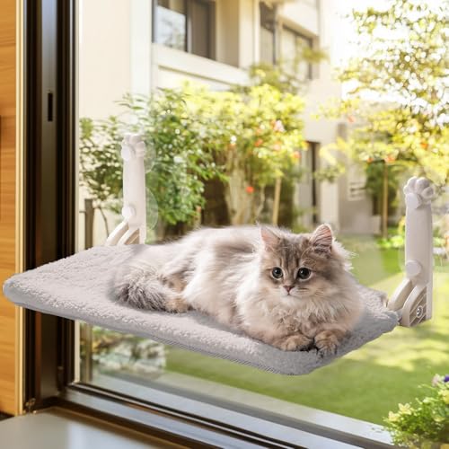 MEWOOFUN Weiche Katzen fensterhängematte – 54x30cm faltbares Katzen fensterbett mit wendbarer Matte, stabile Katzenhängematte hält bis zu 18kg (grau, S) von MEWOOFUN