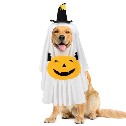 Halloween-Kostüm für Hunde mit Kürbistasche – sicher fixiertes weißes Geisterkostüm mit Klettband, lustiger Umhang für große Hunde, Süßes oder Saures, Cosplay-Party Halloween-Kostüm für Hunde mit Kürbistasche – sicher fixiertes weißes Geisterkostüm mit Klettband, lustiger Umhang für große Hunde, Süßes oder Saures, Cosplay-Party von MEWTOGO