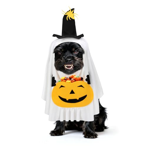Halloween-Kostüm für Hunde mit Kürbistasche – sicher fixiertes weißes Geisterkostüm mit Klettband, lustiger Umhang für kleine Hunde, Süßes oder Saures, Cosplay-Party von MEWTOGO