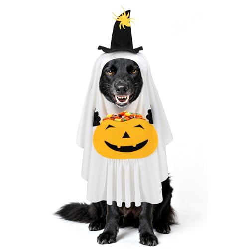 Halloween-Kostüm für Hunde mit Kürbistasche – sicher fixiertes weißes Geisterkostüm mit Klettband, lustiger Umhang für mittelgroße Hunde, Süßes oder Saures, Cosplay-Party von MEWTOGO