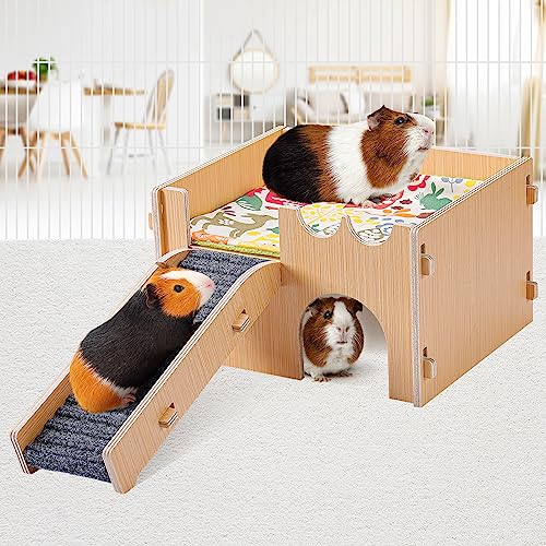 Meerschweinchenschloss aus Holz, Meerschweinchenversteck mit Höhlentreppe & Matte, Kleintierhaus, Betthütte, Lebensräume für Hamster, Häschen, Chinchillas, Spielen, Schlafen, Verstecken von MEWTOGO