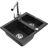 Carlos 1,5-Becken-Granitspüle mit Mischbatterie Duero, Schwarz/Silbermetallic - 6518-73-671600-00 - Mexen von MEXEN