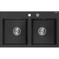Hektor Granitspüle 2-Kammer 800 x 480 mm, Schwarz/Silber Metallic, Siphon Chrom - 6521802000-73 - Mexen von MEXEN