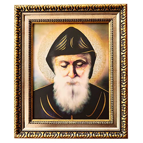 MEXICANDOO Gerahmter Kunstdruck Saint Charbel Makhlouf (Cuadro de San Charbel) 28 x 33 cm mit Goldener und versilberter Oberfläche, katholische religiöse Wanddekoration von MEXICANDOO