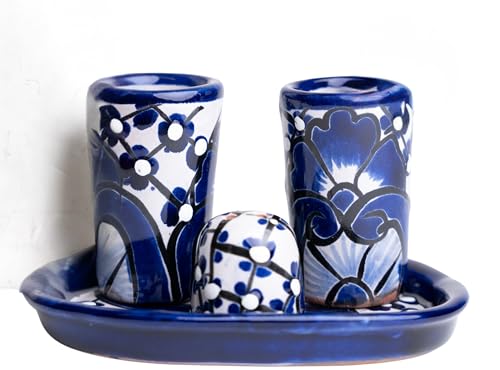 Authentische mexikanische Talavera Tequila Schnapsgläser, Salzstreuer mit Tablett, 4 Stück, kunstvoll, bunt, handbemalt, Kaktus, Cinco de Mayo, Vaso Tequilero Scotch, Tequila (blau) von MEXTEQUIL