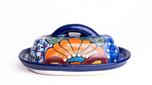 MEXTEQUIL - Butterdose aus Keramik Talavera mit Deckel, handbemalt, authentische mexikanische Keramik, Küche, Blumen-Design (blau) von MEXTEQUIL