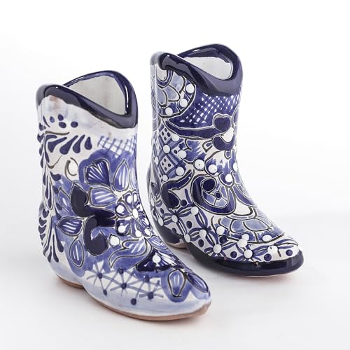 MEXTEQUIL Talavera Cowboystiefel-Schnapsgläser, authentische mexikanische Tequila-Schnapsgläser, handbemalt, 85 ml, Blau und Weiß, 2 Stück von MEXTEQUIL
