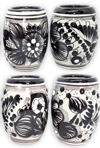 MEXTEQUIL - Talavera Keramik-Schnapsgläser, Set mit 4 authentischen mexikanischen Tequila-Schnapsgläsern – handbemalt – 57 ml (schwarzes Fass) von MEXTEQUIL