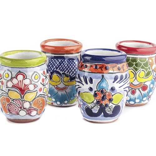 MEXTEQUIL - Talavera Keramik-Schnapsgläser-Set mit 4 authentischen mexikanischen Tequila-Schnapsgläsern – handbemalt – 57 ml (Fassrandfarben) von MEXTEQUIL