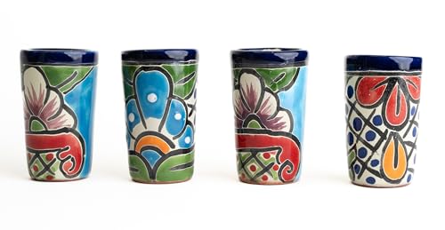 MEXTEQUIL - Talavera Schnapsgläser Set mit 4 authentischen mexikanischen Tequila-Schnapsgläsern – handbemalt – 57 ml (Blau/Grün) von MEXTEQUIL