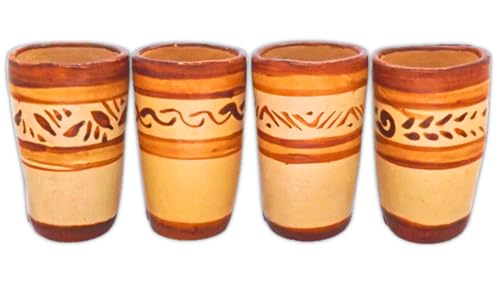MEXTEQUIL Tequila Schnapsgläser, Set mit 4 mexikanischen Schnapsgläsern, Terrakotta, 60 ml, natürlicher Ton, Barro Canelo (Flourishes) von MEXTEQUIL