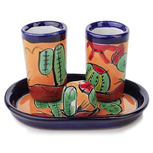 Talavera mexikanische Tequila-Gläser, Schnapsgläser und Salzstreuer, Set mit 4 Stück, authentisches Handwerk, Kunsthandwerk, Kaktus-Design, handbemalt, Heimdekoration, Cinco de Mayo Scotch Tequila von MEXTEQUIL