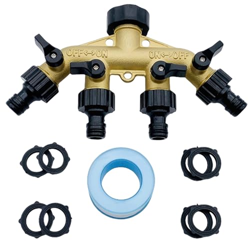 4-Wege-Verteiler, Wasserverteiler 4fach 4 Wege Verteiler Wasser Aus Messing 3/4 Zoll Wasserhahn Verteiler 4-Wege Verteiler Mit 4 Gartenschlauch Adapter, 8 Gummi-Unterlegscheiben Für Garten Bewässerung von MEYAGOT