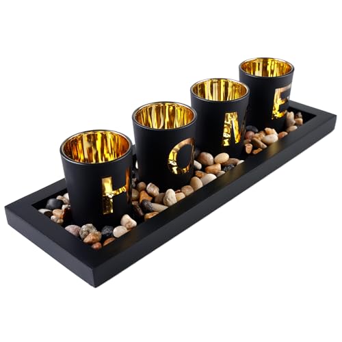 Teelichthalter Set, Windlicht Tischdeko, Votivkerzenhalter Set, Home Teelichthalter Mit Holz Tablett Vintage-Teelichthalter Für Halloween, Esszimmer, Kerzenhalter Beste Freundin Geschenk (Schwarz) von MEYAGOT