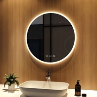 Badspiegel mit Beleuchtung 70cm badspiegel Rund led mit Touch, Anti-Beschlag, Uhr, Dimmbare Helligkeit Badezimmerspiegel - Meykoers von MEYKOERS
