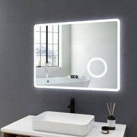 Led Badspiegel 80x60cm Badezimmerspiegel mit Beleuchtung mit 3X Vergrößerung, Touch-Schalter, Beschlagfrei und Uhr, Lichtspiegel Kaltweiß 6500K von MEYKOERS