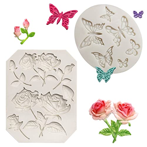 MEZHEN Silikonform Fondant Form Silikon Backform 3D Schmetterling Rose Blumen Silikonformen Fondant Schokoladenformen DIY Kuchen Süßigkeiten Gelee Tortedeko Valentinstag 2 Stück von MEZHEN