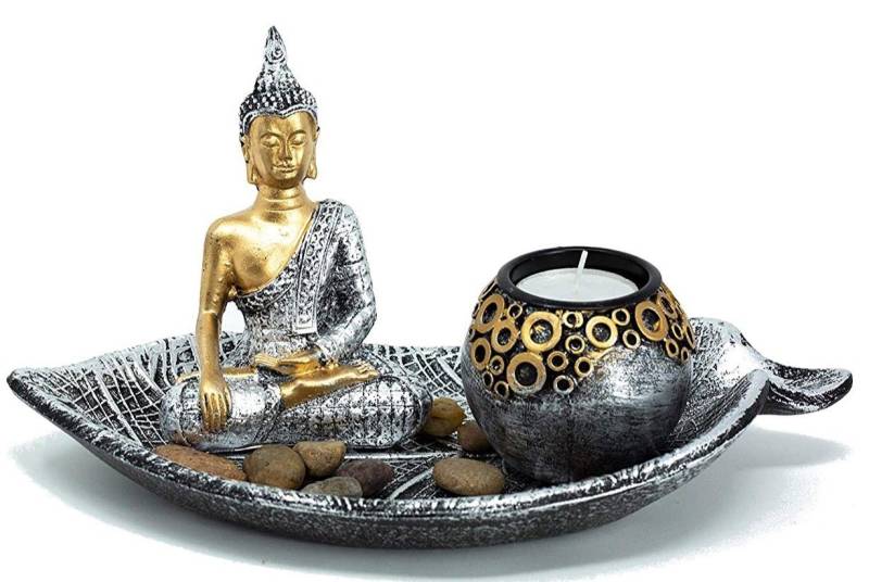 MF Buddhafigur Buddha Deko Set Zen Harmonie mit Teelichthalter Silber Gold 25 cm von MF