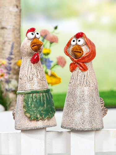 MF Dekorative Garten-Zaunfiguren Hühner, 2er-Set, 21 cm, Keramik-Figuren in Hellbraun mit Grün und Rot von MF