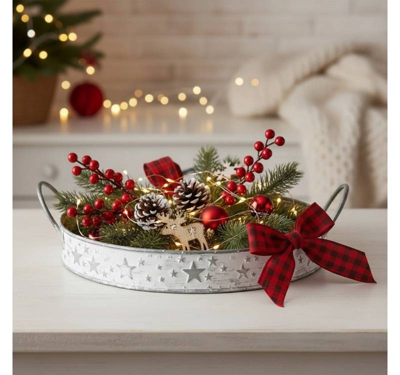 MF Dekotablett Deko Tablett Stephanus Metall Rund mit Sternen Weihnachtsdekoration (1 St) von MF