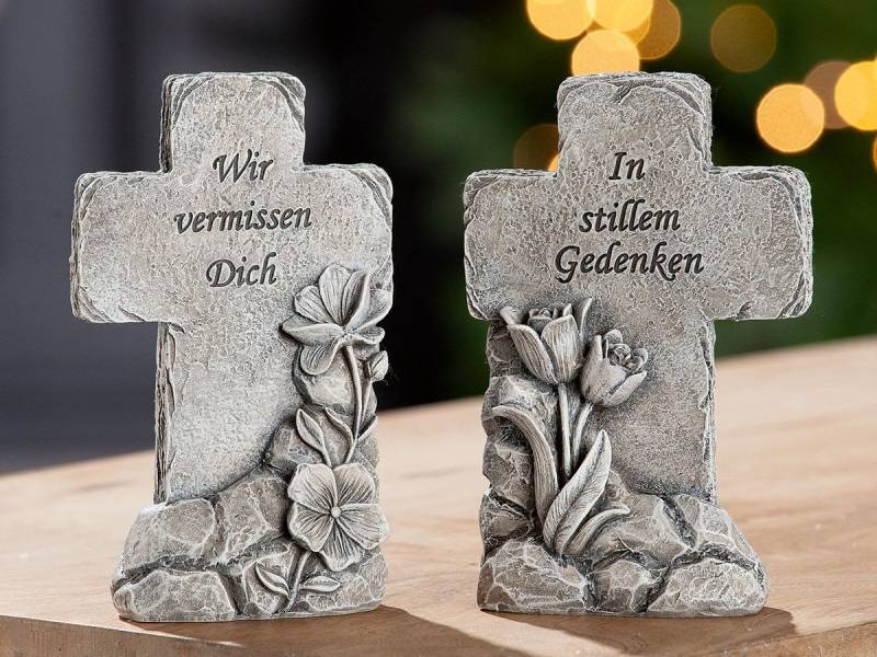 MF Grabkerze Gedenkkreuz 2er-Set mit Spruch Dekorative Grabdekoration in Steinoptik (2-tlg) von MF