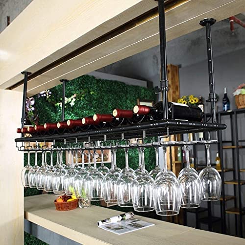 Decken-Weinregal zum Aufhängen, höhenverstellbares Stielglasregal, industrieller Vintage-Bartheke, Weinglasregal, Metall-Weinflaschenhalter – Schwarz (Größe: 80 x 35 cm (32 x 14 Zoll)) von MFGHPCX