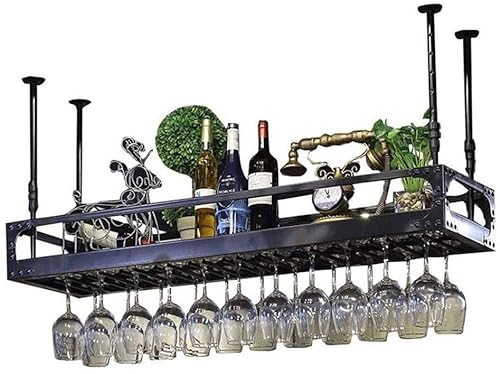 Decken-Weinregale, höhenverstellbarer hängender Weinglashalter, an der Wand montierte Weinflaschenregale, Bartheke, hängender Stielglas-Becherhalter (Farbe: Schwarz, Größe: 120 x 35 cm (47 von MFGHPCX