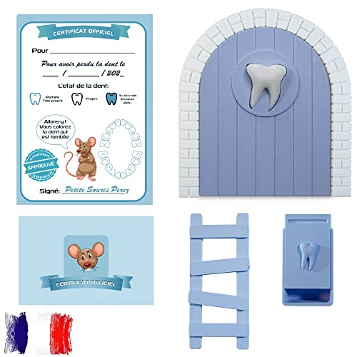 Myfuturshop® Kindertür für Milchzähne der Perez Maus + Zahnbox, Leiter + 4 Zertifikate für saubere Zähne, Geschenk für Jungen und Mädchen, französische Version (AZUL) von MFS MYFUTURSHOP