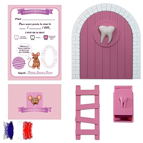 Myfuturshop® Kindertür für Milchzähne für Mäuse + Zahnbox Leiter + 4 Zertifikate für saubere Zähne, Geschenk für Jungen und Mädchen, französische Version (Rosa) von MFS MYFUTURSHOP