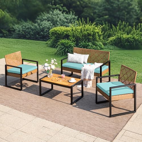 MFSTUDIO 4-Sitzer Gartenmöbel Set Rattan Terrassen Balkonmöbel Set mit Holz Couchtisch und Stühlen Kleines Outdoor Sitzgruppe Möbel mit Mintgrünen Kissen Wetterfest von MFSTUDIO