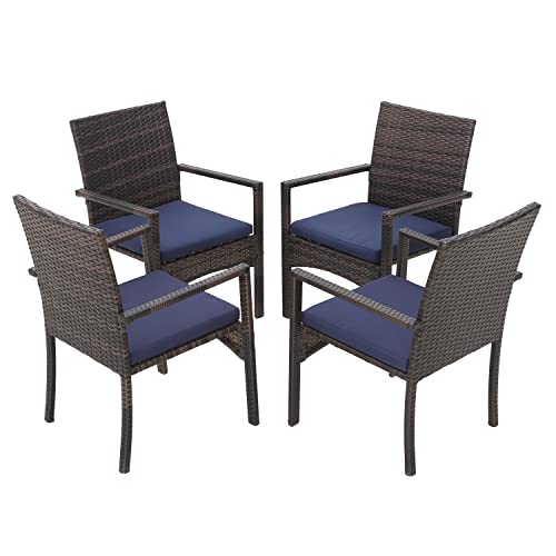 MFSTUDIO Gartenstühle 4er Set, Rattan Stühle Mit Armlehne, Outdoor Kissen Wetterfest, Garten Balkon Terrassen Möbel Set Sessel, Braun und Schwarz von MFSTUDIO