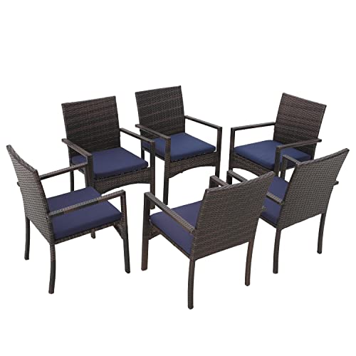 MFSTUDIO Gartenstühle 6er Set, Rattan Stühle Mit Armlehne, Outdoor Kissen Wetterfest, Garten Balkon Terrassen Möbel Set Sessel, Braun und Schwarz von MFSTUDIO