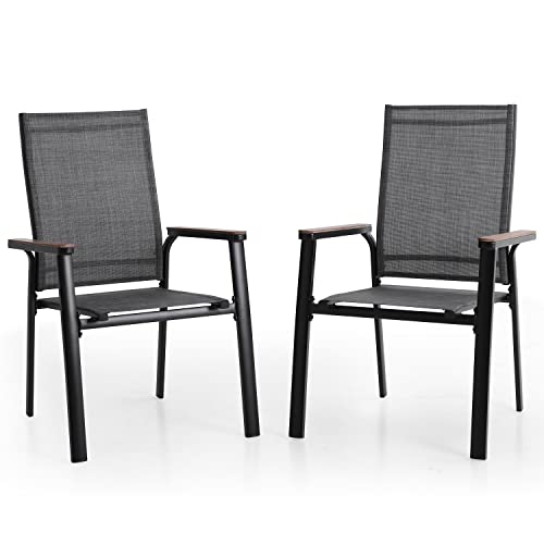 MFSTUDIO Gartenstuhl 2er Set Aluminium, Textilene Balkon Stühle Stapelbar mit Handlauf mit Holzmaserung, Outdoor Sessel für Terrasse, Balkon, Veranda, Wetterfest von MFSTUDIO