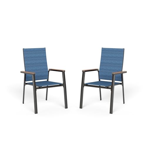MFSTUDIO Gartenstuhl 2er Set Aluminium, Textilene Balkon Stühle Stapelbar mit Handlauf mit Holzmaserung, Outdoor Sessel für Terrasse, Balkon, Veranda, Wetterfest von MFSTUDIO