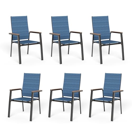MFSTUDIO Gartenstuhl 6er Set Aluminium, Textilene Balkon Stühle Stapelbar mit Handlauf mit Holzmaserung, Outdoor Sessel für Terrasse, Balkon, Veranda, Wetterfest von MFSTUDIO