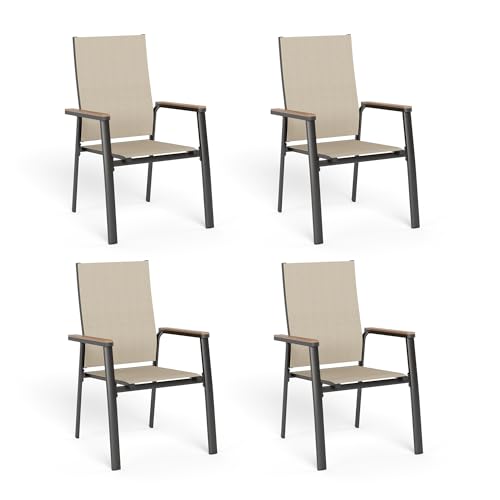 MFSTUDIO Gartenstuhl 4er Set Aluminium, Textilene Balkon Stühle Stapelbar mit Handlauf mit Holzmaserung, Outdoor Sessel für Terrasse, Balkon, Veranda, Wetterfest von MFSTUDIO