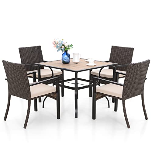 MFSTUDIO Outdoor Garten Terrasse Balkon Gartenmöbel, 94cm Quadratische Metall Holzähnlich Tisch mit 4cm Schirmloch und 4 Polyrattan Sessel Mit Kissen, Wetterfest von MFSTUDIO