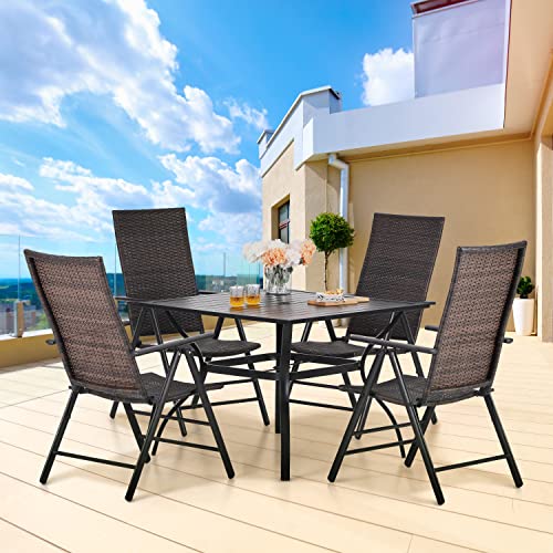 MFSTUDIO Polyrattan Gartenmöbel Set, 94cm Quadratische Metall Stahl Lamellen Tisch mit 4cm Schirmloch und 4 Rattan Klappstuhl, Gartentisch mit Stühlen Set für Terrasse, Balkon, Bistro, Veranda von MFSTUDIO