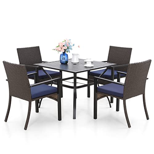 MFSTUDIO Rattan Balkonmöbel Set, Gartenmöbel Set 4 Stühle mit Tisch, Quadratische Stahl Lamellen Tisch mit 4cm Schirmloch und 4 Polyrattan Sessel für Terrasse, Balkon, Bistro, Hinterhof von MFSTUDIO