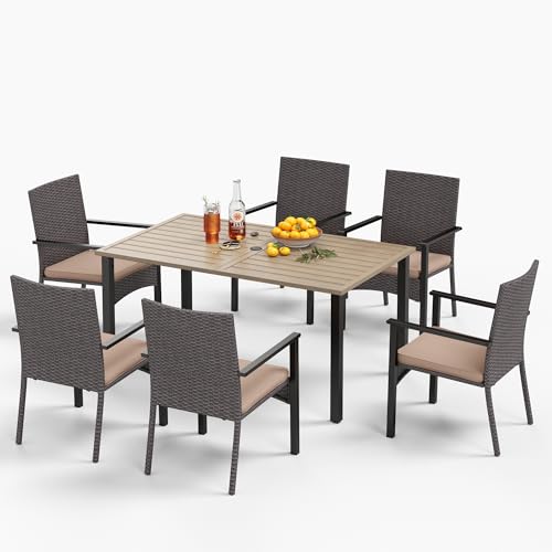 MFSTUDIO Rattan Gartenmöbel Set, Balkonmöbel, Rechteckiger Gartentisch mit Stühlen Terassenmöbel mit Verstellbarem Schirmloch, Terassenmöbel Außen für Garten, Beige Kissen, Dunkelbraun von MFSTUDIO
